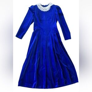 VTG 80's Alexander Campbell Dress Blue Velvet Lace Collar Pleated Sz 12 GORGEOUS